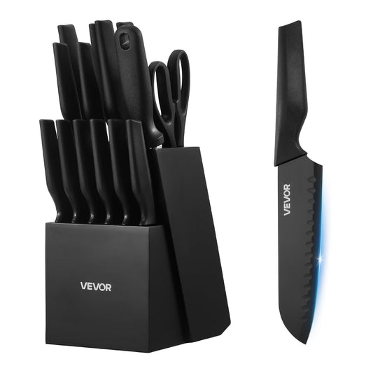 VEVOR Kitchen Knife Set with Block and Sharpener, 15 Piece German High Carbon Stainless Steel Knife Set, Kitchen Cutlery with PP Ergonomic Handle, Sharpening Rod and Wooden Block, for Home Cooks