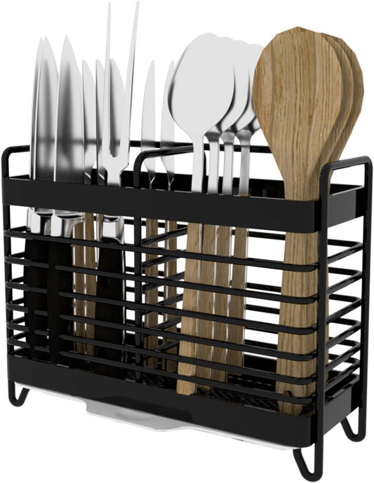 Kitchen Utensil Holder, Silverware Organizer Holder, Kitchen Counter Drainer Basket Cutlery for Flatware, Spoons, Forks, and Knives, Stainless Steel Utensil Drying Rack with Drain Tray (3 Cells)