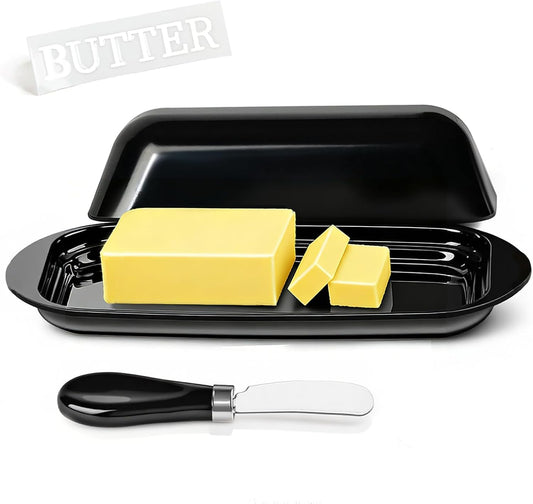 BPA-Free Melamine Butter Dish with Lid & Stainless Steel Knife - Farmhouse Butter Keeper for Countertop & Refrigerator, Dishwasher Safe, Holds 1 Stick with East & West Coast Butter-Cream