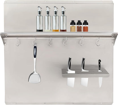 29.5x29.5 In Stainless Steel Range Backsplash with Shelf, Knife Rack, Hooks & Crossbar, Silver Splash Plate for Range Hood, Wall Mounted, Model: dbf6bcd2-8c68-4117-9b2b-8ed5c9e043a2