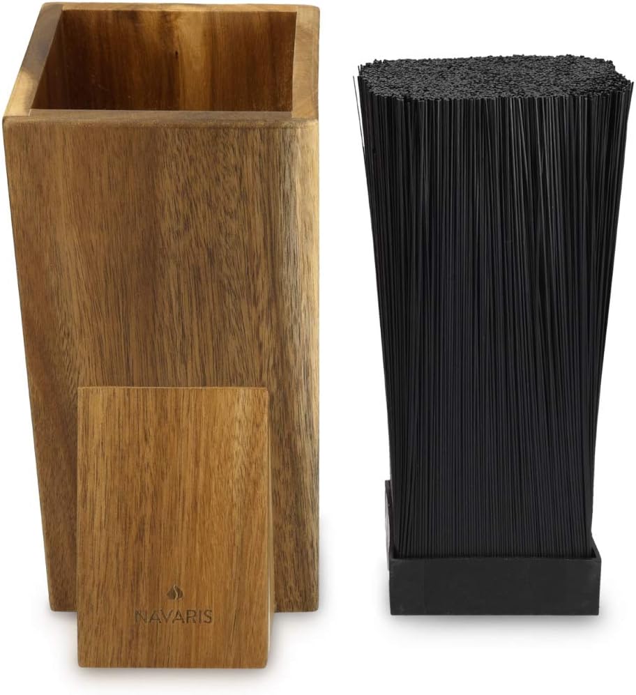 Navaris Universal Knife Block Holder - Rubber Wood Stand with Bristles to Fit Different Sizes of Knives - Angled Design, 9.8" x 5.9" x 4.1’" - Black