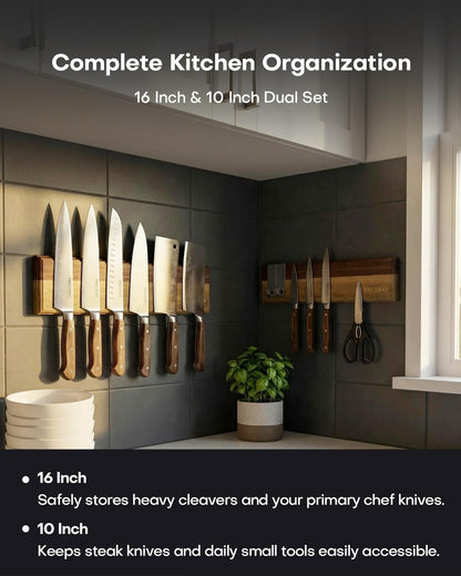 16"+10" Magnetic Knife Holder for Wall, Acacia Wood Knife Magnetic Strip Set with 5 Hooks for Kitchen Utensil Organization - No Drill Adhesive or Screw Mount, Complete Mounting Kit & Gift Box
