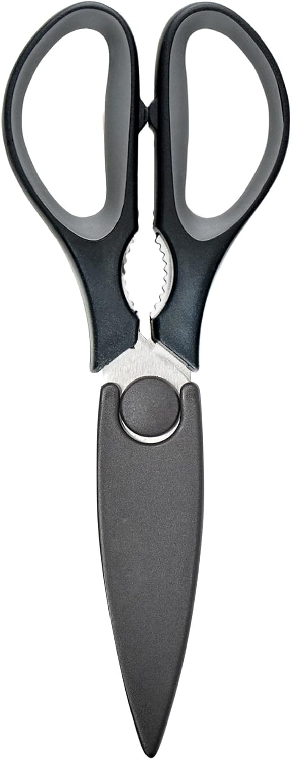 Tovolo Elements All Purpose Kitchen Shear with Cover Sheath Heavy Duty Meat Poultry Sharp Kitchen Utility Scissor Dishwasher Safe Soft Comfort Grip Silicone Handle Magnetic Sheath, Black & Blue Haze