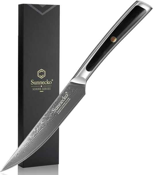 Sunnecko Damascus Steak Knife Set Non Serrated, Japanese VG10 Stainless Steel Steak Knife Set of 2, 5 Inch Steak Knives G10 Handle with Gift Box