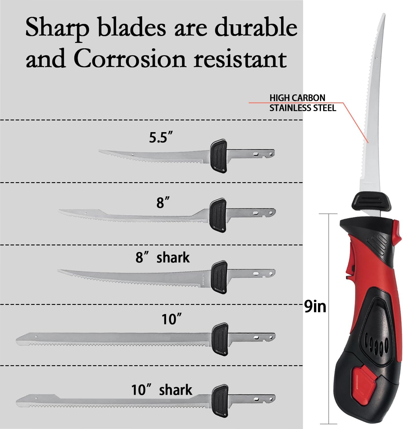 Cordless Electric Fillet Knife - 5 Ti-Nitride Coated Non-Stick Blades, Ergonomic Non-Slip Grip Handle & Cooling Vent Stylish with Carry Bag,Perfect Electric Knife for Effortless Fishing (Red)