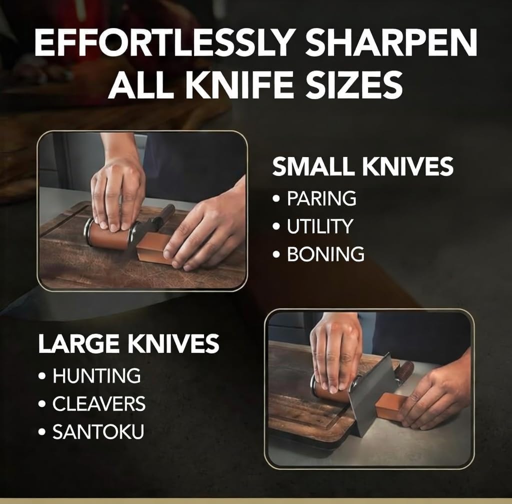 Premium Rolling Knife Sharpener kit, High Carbon 400, 1000, & 3000 Discs, 15° & 20° Adjustable Angles | Leather Strop, Anticut Gloves | Knife Sharpening kit for Kitchen & Chef's Knives