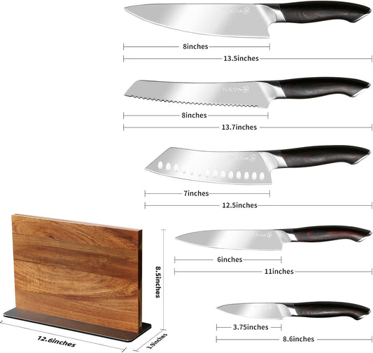 5-Piece Knife Set with Wooden Magnetic Knife Holder, Japanese Kitchen Knife Set with Magnetic Block, Ergonomic Handle, Suitable for Holiday Gift Giving
