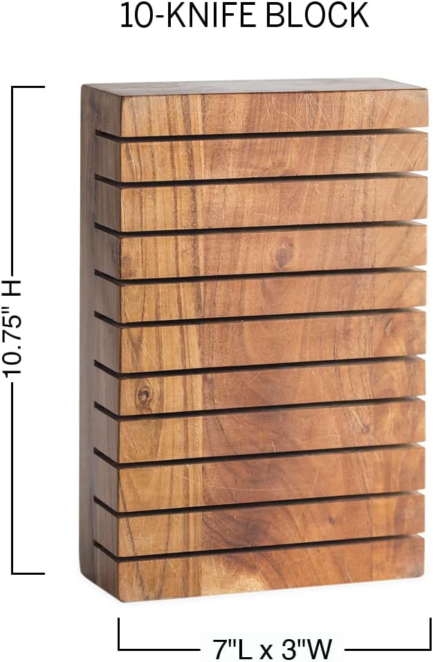 Vivaterra Acacia Wood Horizontal 10-Knife Block, 7”L x 3”W x 10.75”H, 10 Slot Kitchen Knife Holder, Universal Knife Block, Wooden Knife Holder for Kitchen Counter