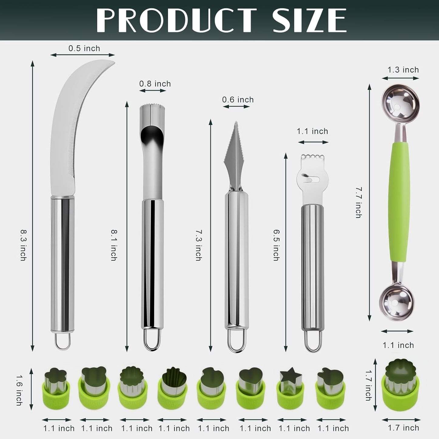 14PCS Fruit Carving Tools Set, Stainless Steel Melon Baller Scoop Set, Fruit Cutters Shapes, Cantaloupe Cutter Slicer Tool Piranha Spiral Cutter and V-Tool for Fruits Vegetable Sculpting