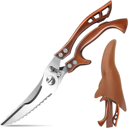 Zicolu Poultry Shears Heavy Duty Professional, Multipurpose Kitchen Shears with Sheath, Spring-Loaded Stainless Steel Chef Scissors Cutting Bone, Chicken, Fish, Food, Meat, Full Steel Handle Silver