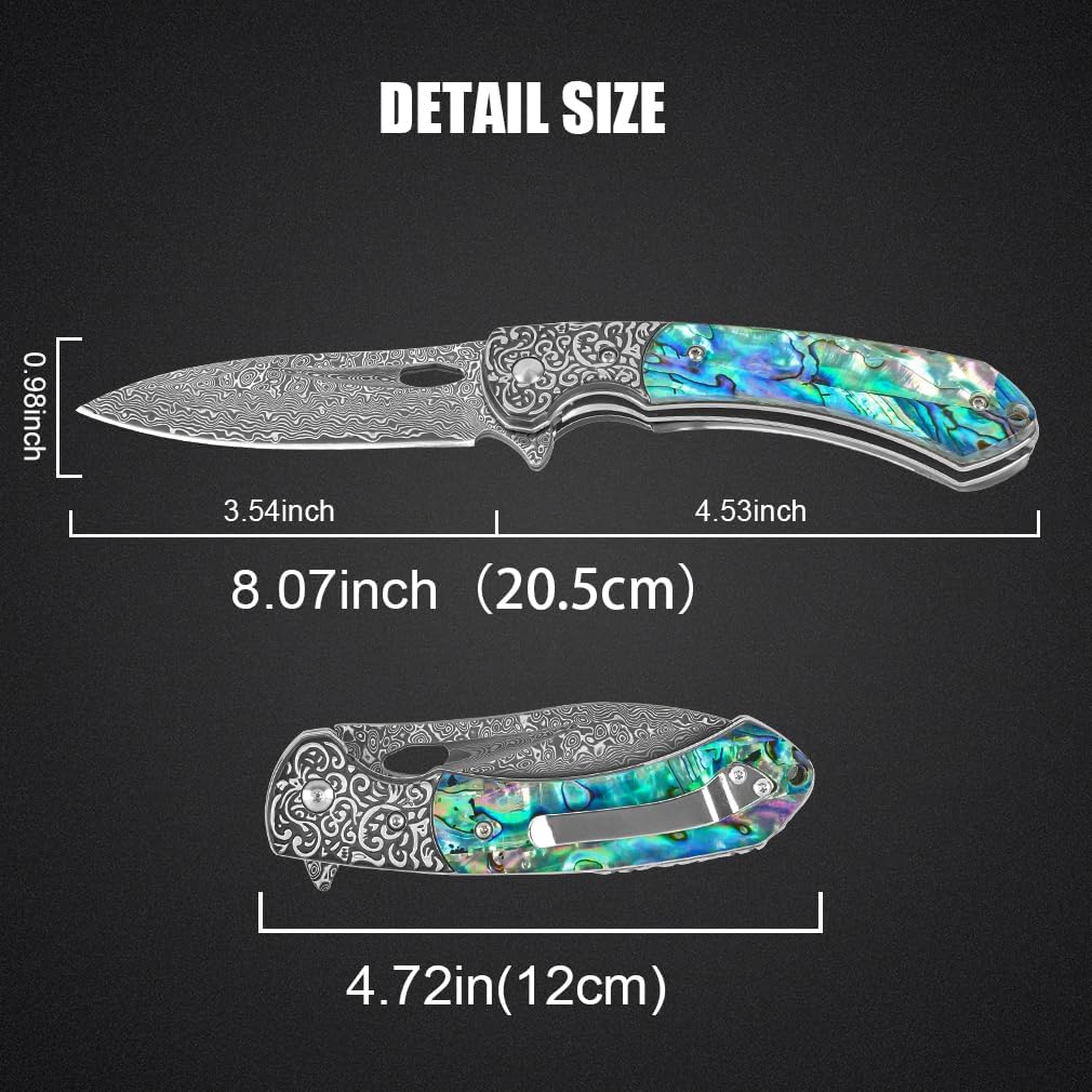 Damascus Pocket Knife with Sheath,3.54" Sharp Damascus Steel Blade Abalone Seashells Handle EDC Pocket Knives & Folding Knives for Outdoor Camping, Ideal Gifts for Men Women