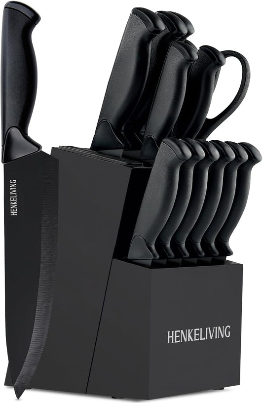 Knife Set, 14-Piece Kitchen Knives Set with Block, Built-in Sharpener, German High Carbon Stainless Steel, Ergonomic Non-Slip Handles, Black
