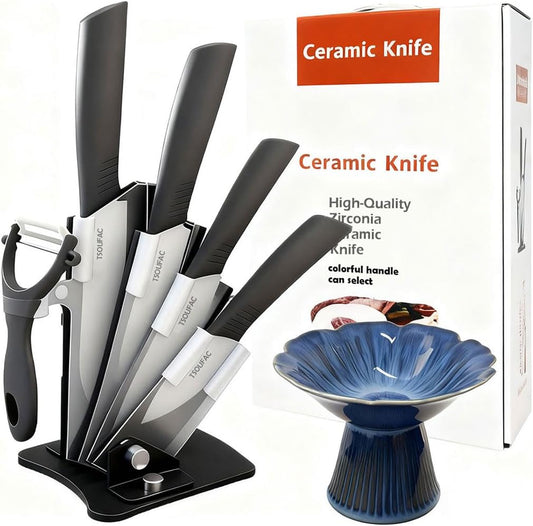 Ceramic knife Set with Block and Fruit Bowl, knives set for kitchen, knife set with block/covers, Ceramic High-foot Deep Fruit Bowl, cuisine knife set, Round Bowl for Salad - Ideal for Kitchen, Gifts
