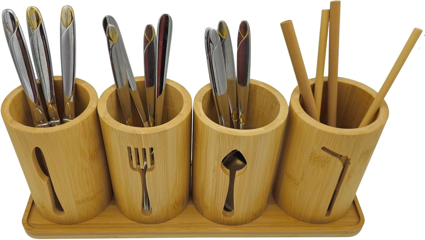 Bamboo Cutlery Holder Set - 3 Kitchen Utensils Holder Organiser with Bamboo Tray | Decorative Kitchen Countertop Stand | Knife, Fork and Spoon Holders