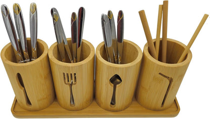 Bamboo Cutlery Holder Set - 3 Kitchen Utensils Holder Organiser with Bamboo Tray | Decorative Kitchen Countertop Stand | Knife, Fork and Spoon Holders
