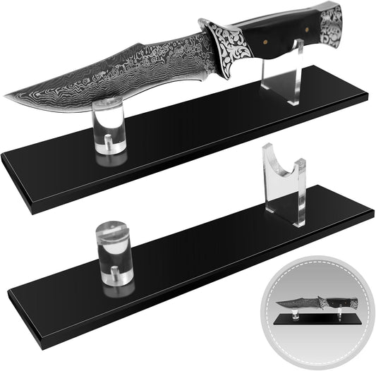 Wood Knife Display Stand - Single Fixed Blade/Pocket Knife Holder Case, Rustic Cabin Decor, Fits Most Knives & Swords, Durable Horizontal Tabletop Showcase for Collections