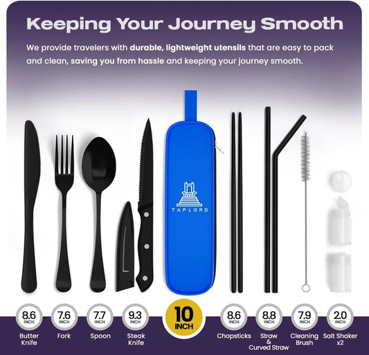 Taplord Portable Travel Silverware Set With Case - Includes 10 Pcs of Utensils, Stainless Steel Flatware For Camping, Easy to Travel, Lightweight (Purple)