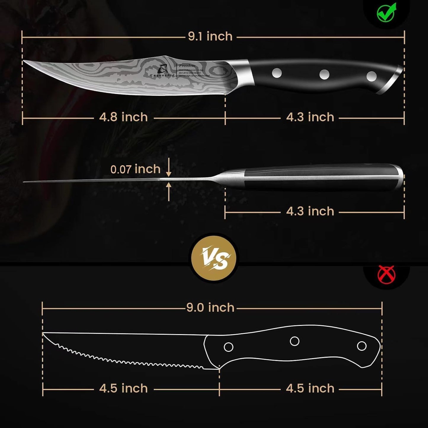 CoquusAid Steak Knives Set of 8, 4.8 Inch Straight Edge Ultra Sharp Durable Meat knives with Rest, High Carbon Stainless Steel Damascus Pattern Triple Rivet Handle, Ideal for Home Restaurant Party
