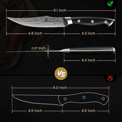 CoquusAid Steak Knives Set of 8, 4.8 Inch Straight Edge Ultra Sharp Durable Meat knives with Rest, High Carbon Stainless Steel Damascus Pattern Triple Rivet Handle, Ideal for Home Restaurant Party