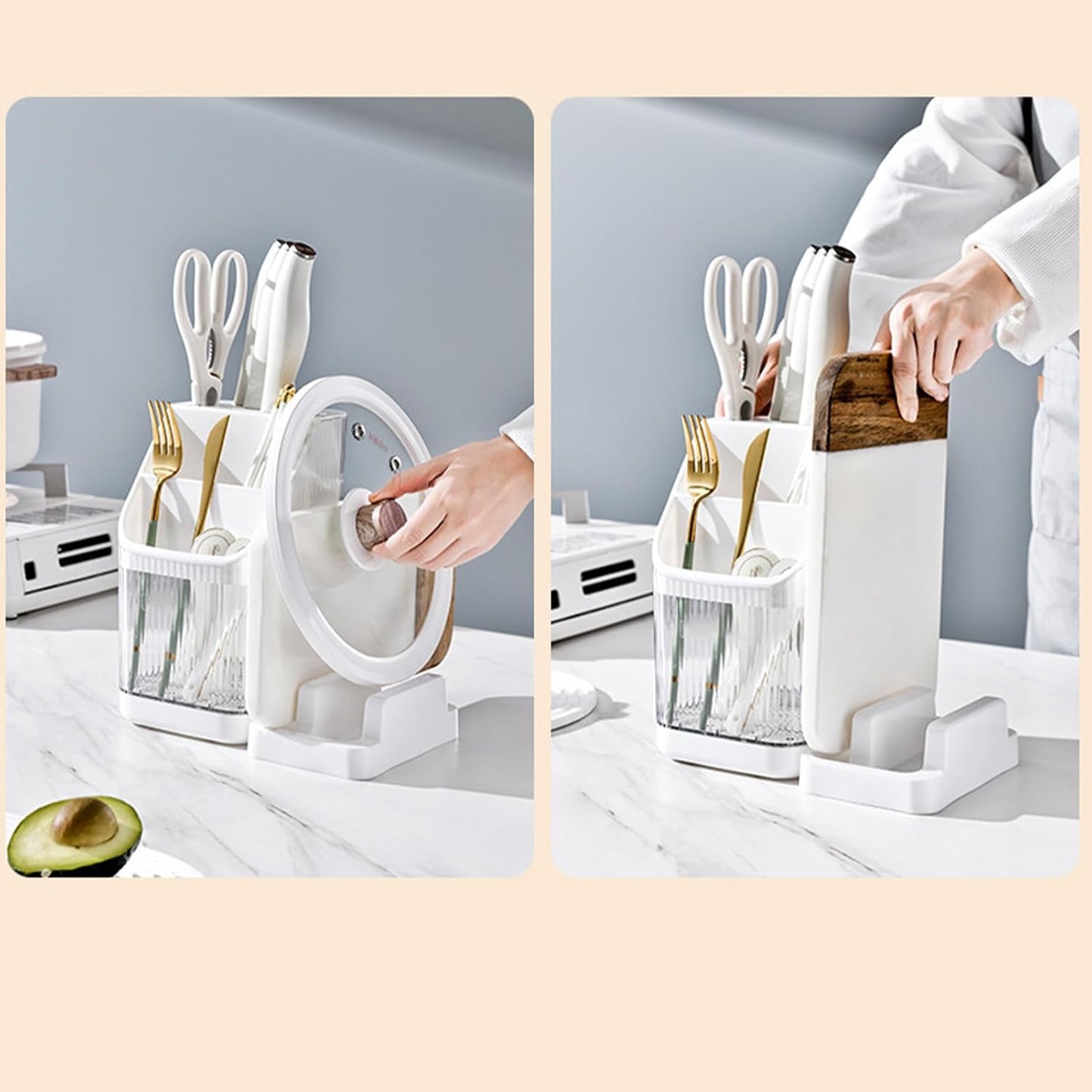 Kitchen Knife Holder,Universal Multifunctional Kitchen Storage Rack,Modern Fashionable Knife Utensil Organizer for Kitchen Countertop Cutting Board Pot Cover Chopsticks Fork(white)