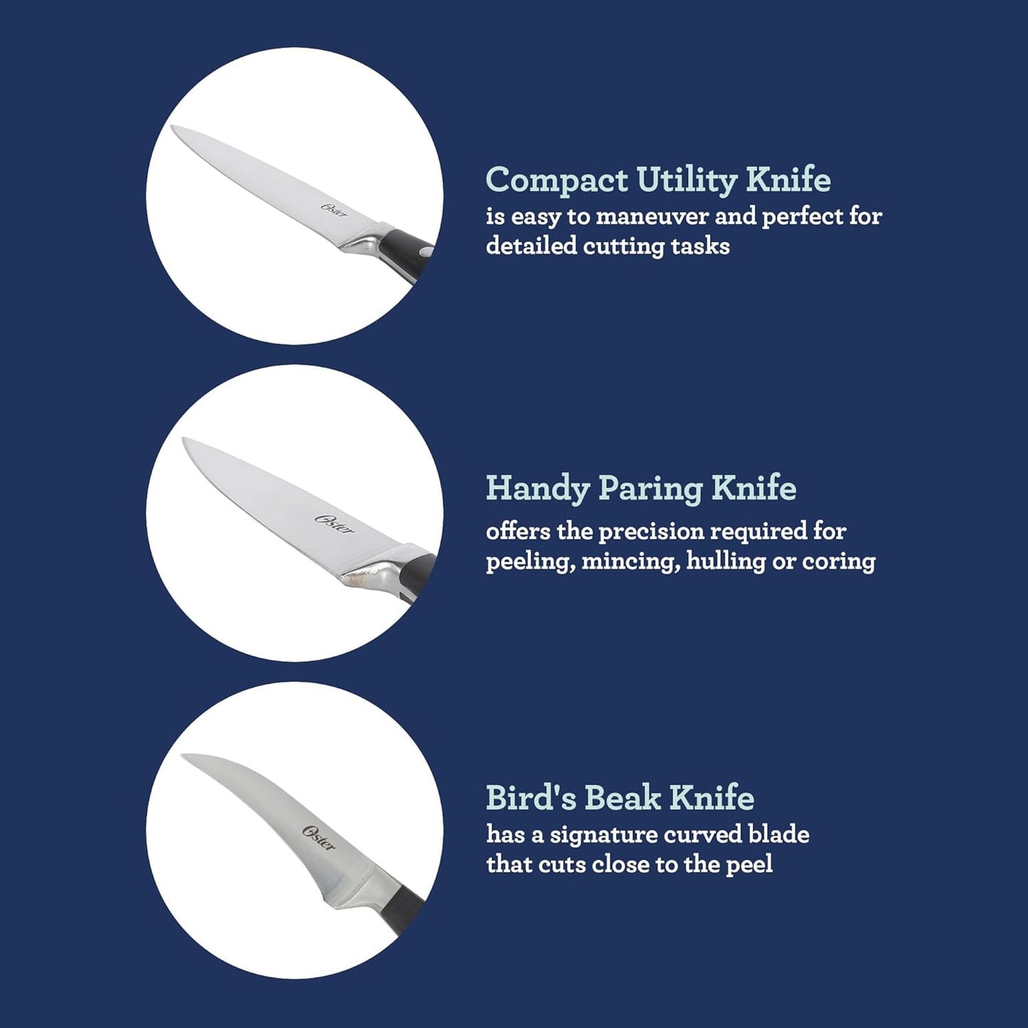 Oster Evansville 14 Piece Cutlery Kitchen Knife Block Set, Stainless Steel w/Linen White Handles - Cuchillos Para Cocina