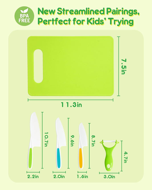melican Kids Kitchen Knife Set, 11 Pcs Montessori Kitchen Tools for Toddlers 3+ Real Cooking, Include Kid Knives, Crinkle Cutter, Sandwich Cutters, Peeler, Cutting Board, Ideal for Birthday Gifts