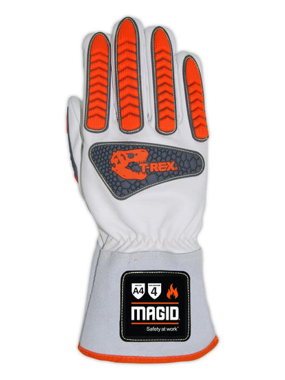 MAGID T-REX TRX848 Inferno Welder's Gloves, ANSI A4 Cut Resistant, EN 407 L4 Flame, Cow Grain Leather, 3.5" Gauntlet, Para-Aramid Liner, Hi-Vis Orange/Gray TPR, Size 10/XL, 1 Pair