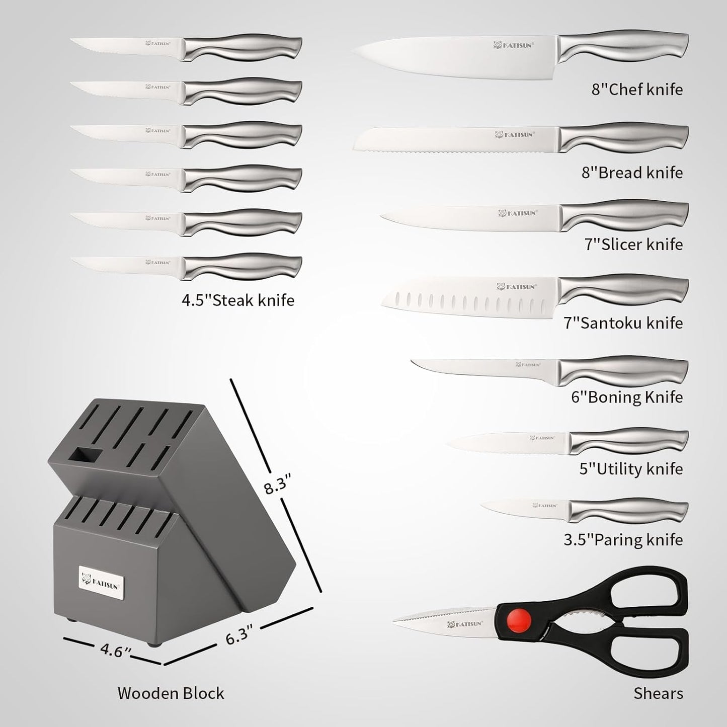 Knife Set, 15-Piece Kitchen Knife Block Sets with Built-in Sharpener, German Stainless Steel Knife Block Set, Dishwasher Safe