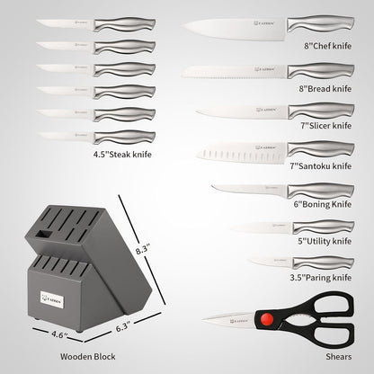 Knife Set, 15-Piece Kitchen Knife Block Sets with Built-in Sharpener, German Stainless Steel Knife Block Set, Dishwasher Safe