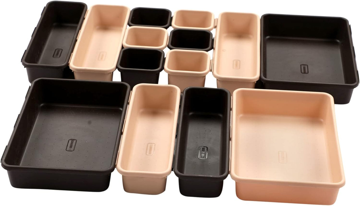 Cutting Edge Plastic Interlocking Cutlery Drawer Desk Organizer Divider Tray (Black and Beige) - 14 Piece