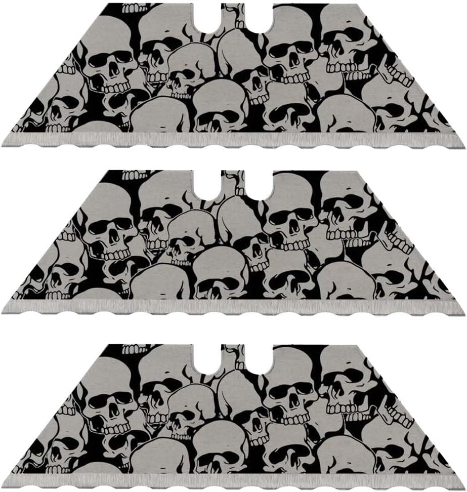 NDZ Performance Serrated Steel Blade Replacement for Utility Knife & Box Cutters, Custom Double Sided Laser Engraved Designs, Silver - Skull - 3 Pack