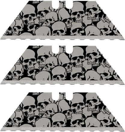 NDZ Performance Serrated Steel Blade Replacement for Utility Knife & Box Cutters, Custom Double Sided Laser Engraved Designs, Silver - Skull - 3 Pack