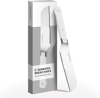 Misen Serrated Bread Knife - High-Carbon Japanese AUS8 Steel - Perfect for Soft Foods, Bread, Pastries, and Fruits - Verstatile Slicer, Razor-Sharp Edge, Durable Blade, Ergonomic Handle - 5", Blue