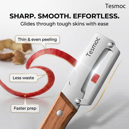 Multifunctional Vegetable Peeler for Kitchen, 2 Pack Stainless Steel Veggie Peeler Knife with Wooden Handle & Bottle Opener for Potato, Cucumber, Orange, Pineapple (2)