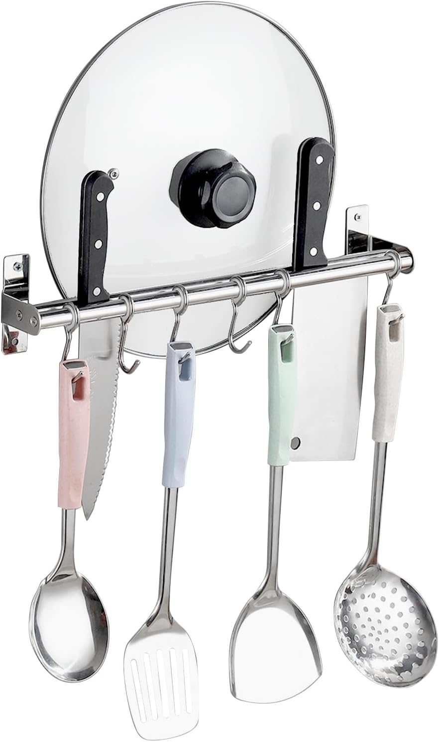 ASkinds Utensil Hanging Rack Stainless Steel Rail Hanger Rod Wall Mounted Pot Pan Lid Holder Cookware Storage Organizer with Sliding Hooks for Kitchen Bathroom