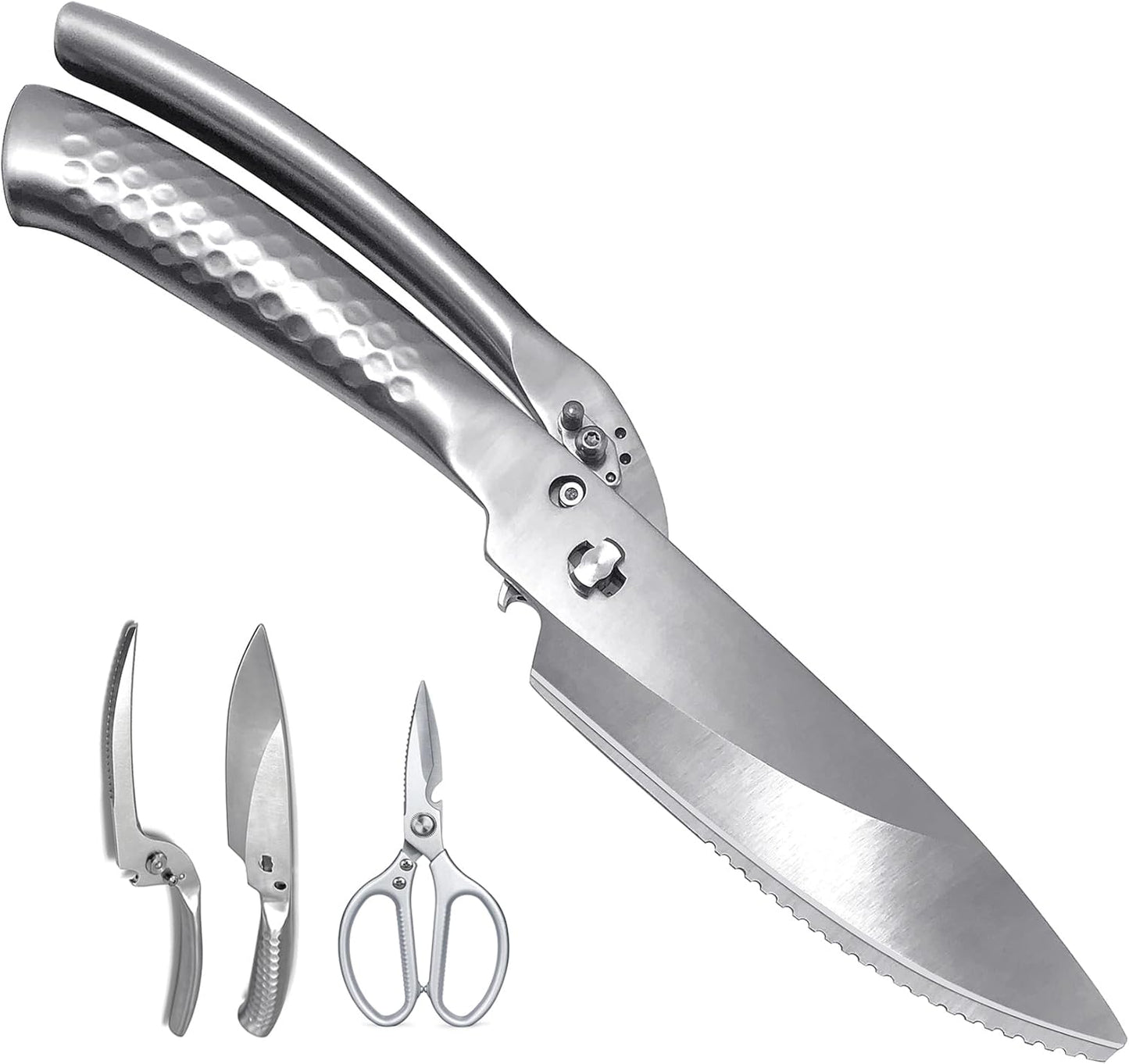 SGNEKOO All Stainless Steel Kitchen Scissors, Heavy Duty Stainless Steel All Purpose Kitchen Shears, Removable Utility Scissors for Food, Meat, Herbs, Poultry（Silver）