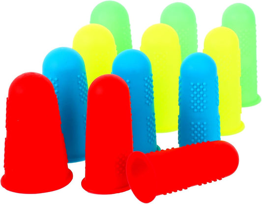 12 PCS Silicone Finger Protectors Covers, 3 Sizes Rubber Finger Tips Office Thumb Guard Sleeves Fingers Thimbles Cots for Hand Sewing Hot Glue Embroidery Cutting Ironing (Yellow Red Blue Green)