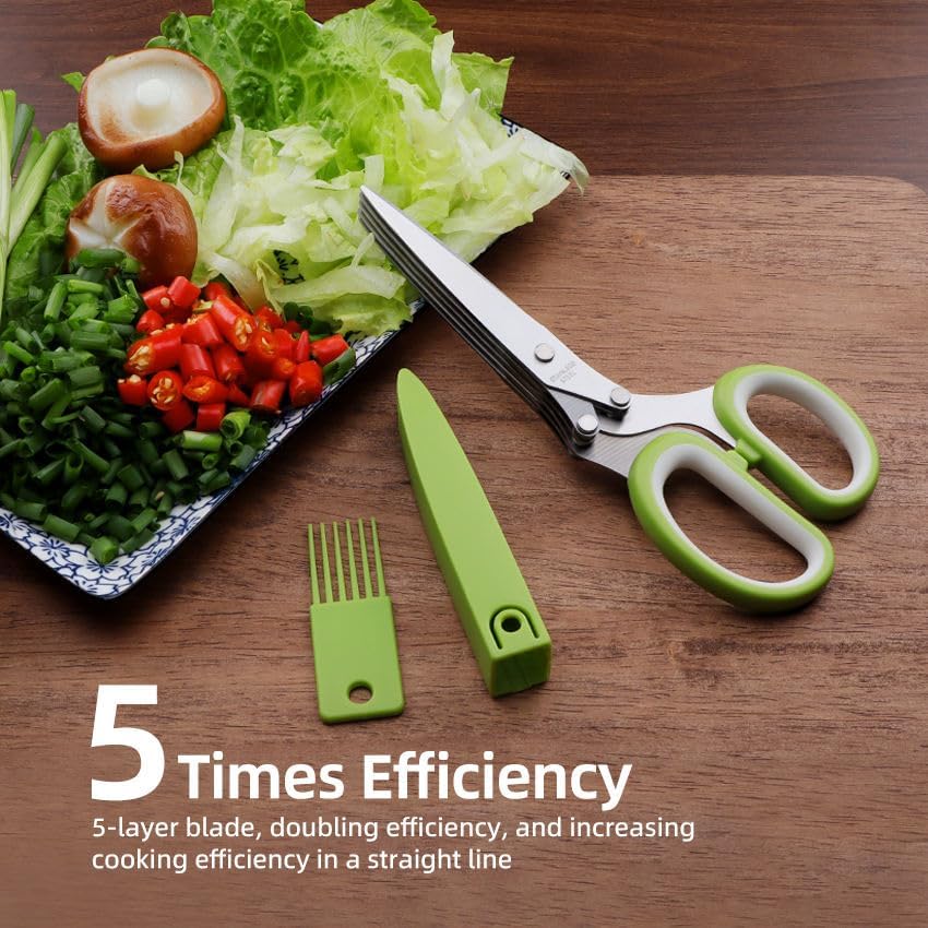 Herb Scissors with 5 Sharp Stainless Steel Blades, for Cutting Chives, Parsley, Basil and more, Includes Cleaning Comb and Safety Cover (Green)