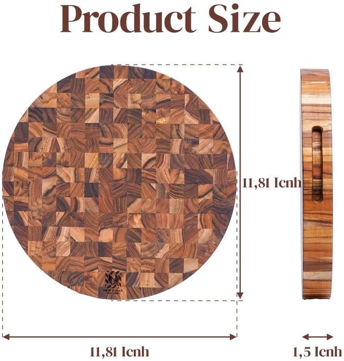 Teak Wood Round End Grain Cutting Board 11.8 Inch, Non Toxic Solid Wood Cutting Board for Kitchen Prep, Pizza & Serving Board with Handle by New M Way