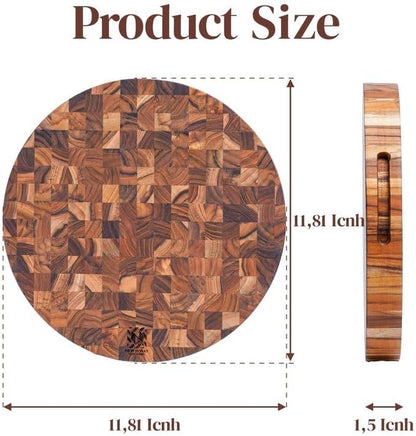 Teak Wood Round End Grain Cutting Board 11.8 Inch, Non Toxic Solid Wood Cutting Board for Kitchen Prep, Pizza & Serving Board with Handle by New M Way