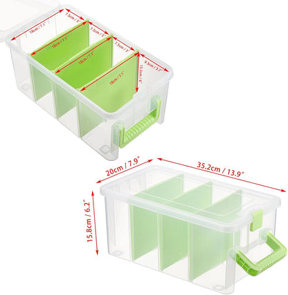 BTSKY Clear Plastic Dividing Storage Box with 4 Compartments Adjustable Storage Bin with Lid Plastic Craft Storage Container Multipurpose Sewing Box Art Supply Organizer, 13.3x8.1x3.4 Inches