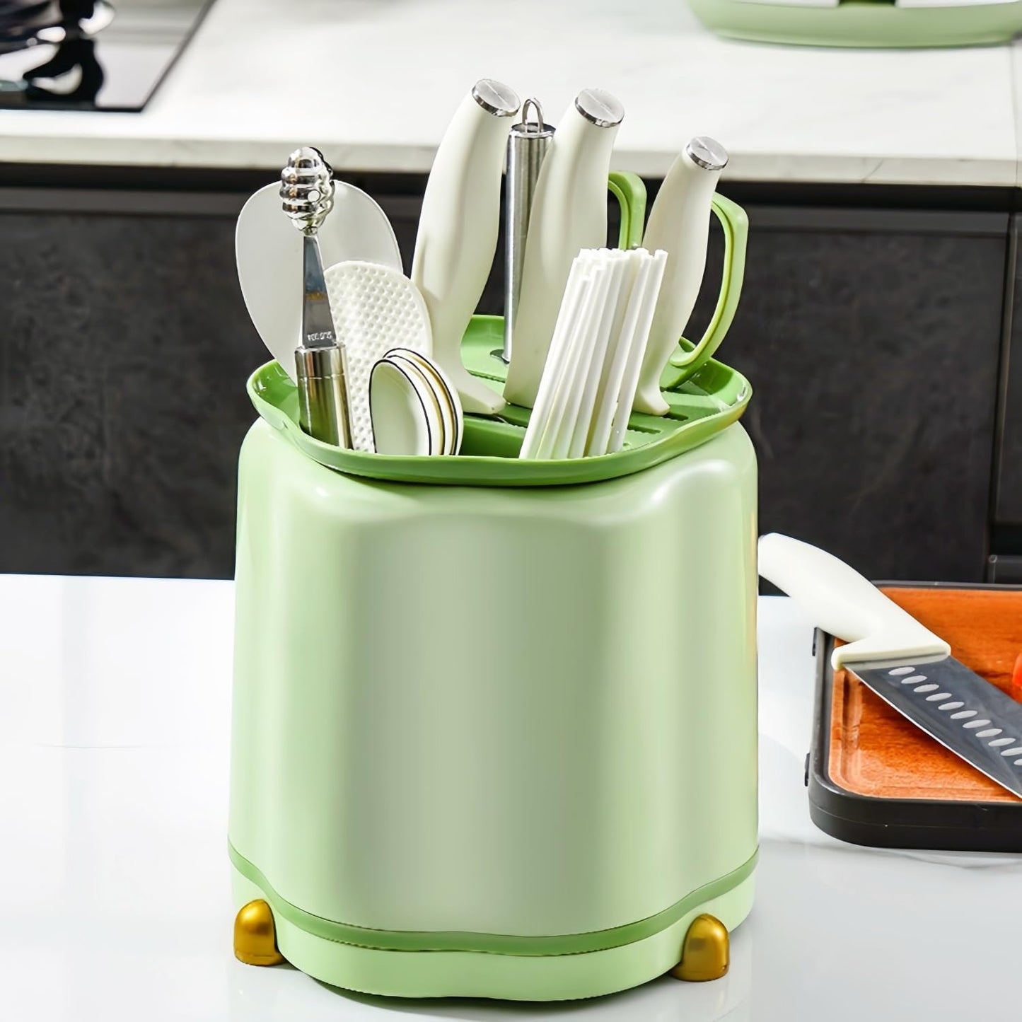 360° Rotating Knife Block,Multifunctional Plastic Kitchen Utensil Holder,Large Capacity Knives Block,Chopsticks Knife Block Utensil Stand for Kitchen Counter (Green)
