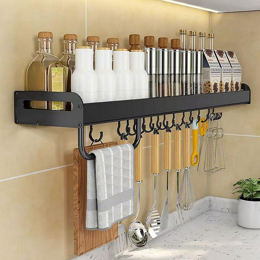 FOTN Carbon steel Kitchen utensils seasoning spice storage rack, wall mounted oil, salt, sauce and vinegar condiment storage rack, Bathroom toiletries organizer with Towel bar and hooks