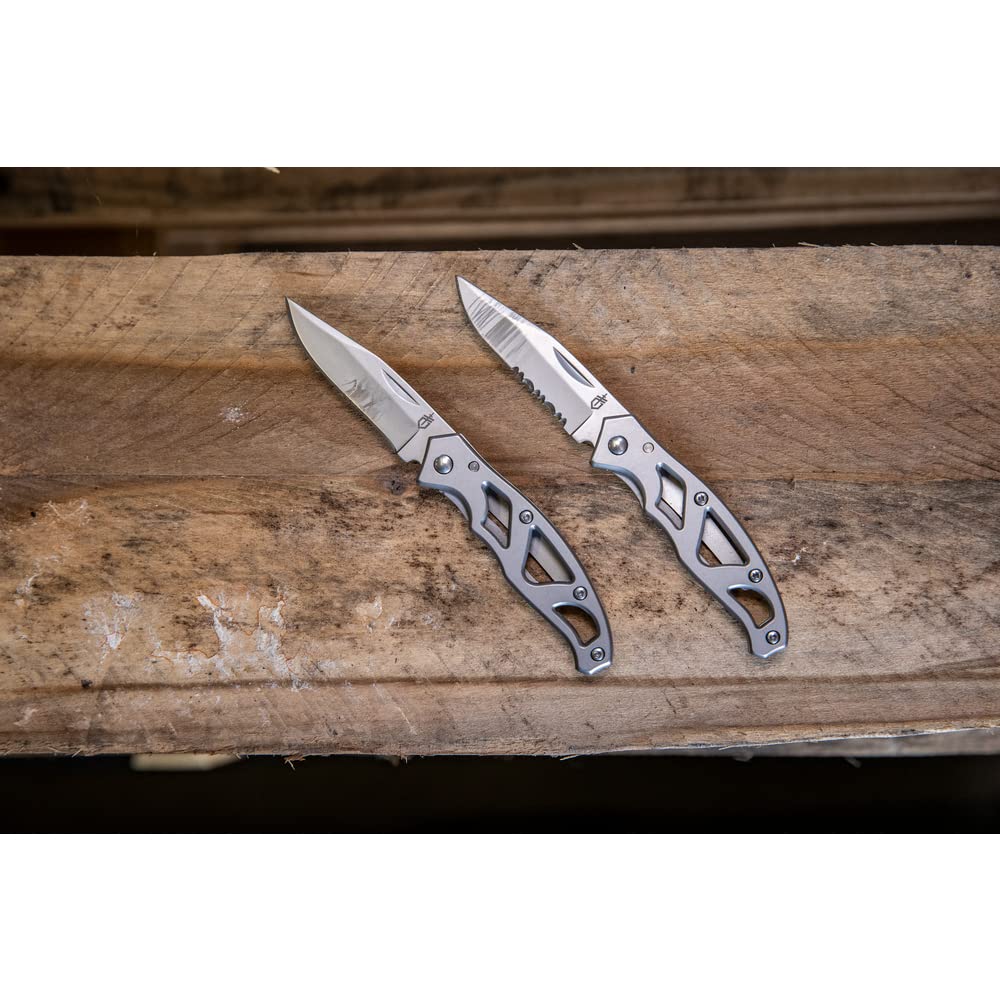 Gerber Gear Paraframe I EDC Folding Pocket Knife, 3" Serrated Edge with Safety Frame Lock, Stainless Steel, Grey