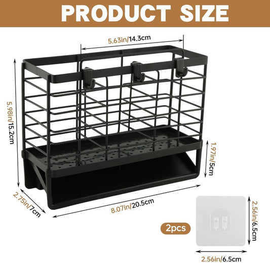 3-Compartment Dish Drying Rack for Kitchen, Carbon Steel Utensil Holder with Drain Tray, Utensil Caddy Organizer for Knives, Forks, Spoons, Chopsticks, Wall Mount or Countertop(COLOR:Black)