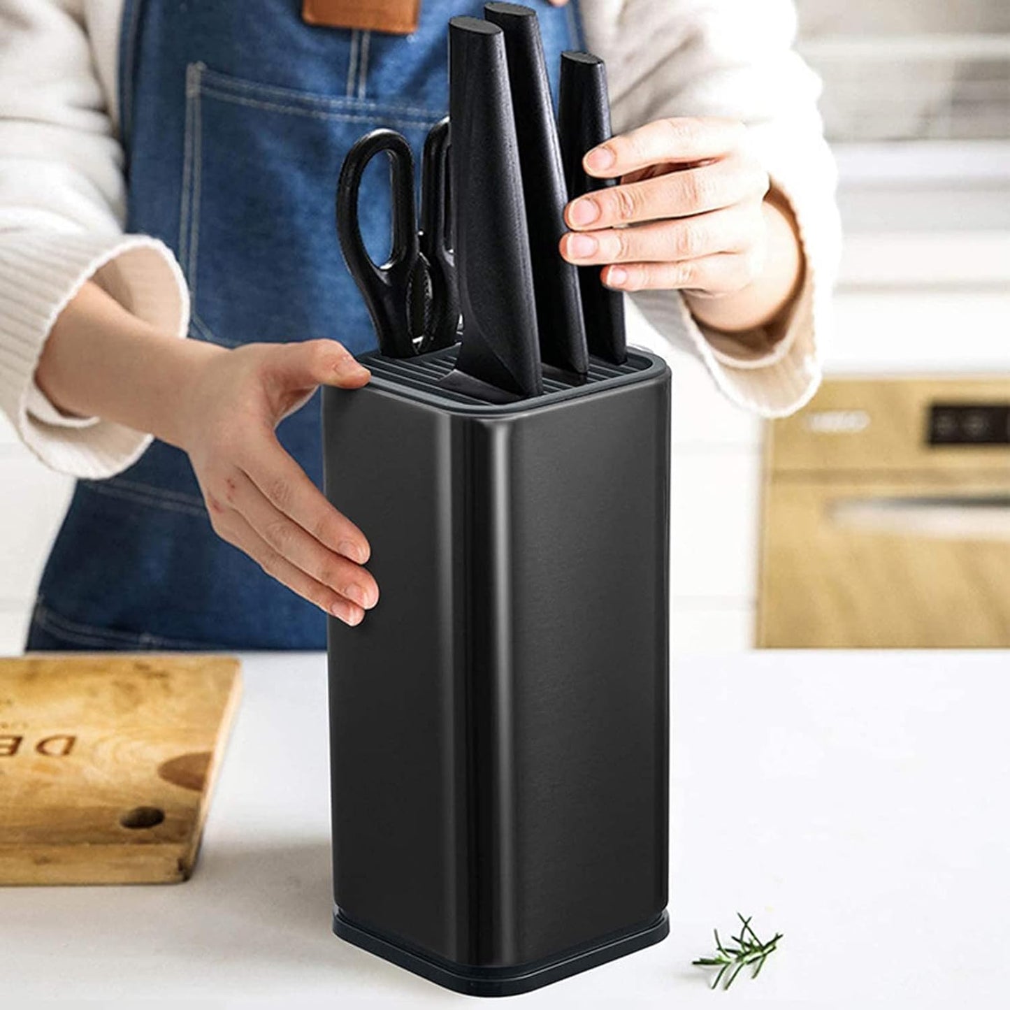 Universal Knife Block for Kitchen, Stainless Steel Knife Storage Holder with Slots for Scissors and Sharpening Rod, Detachable Knife Organizer Stand, Unique Design to Protect Blades, Dishwasher Safe