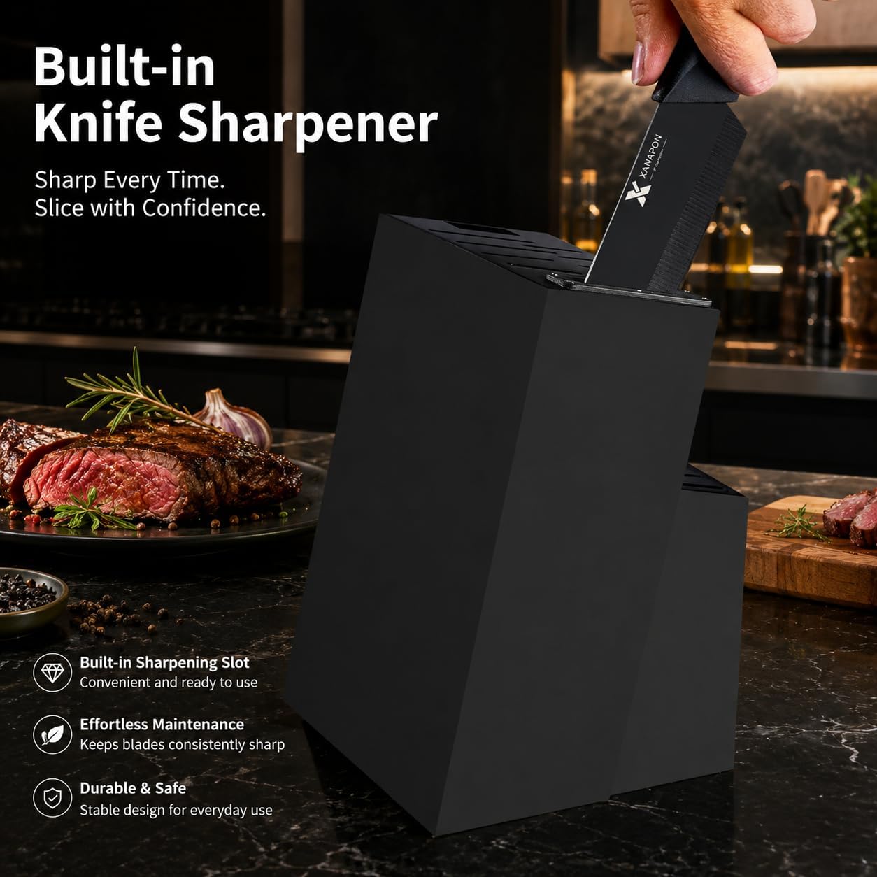 XANAPON 19-Piece Black Kitchen Knife Set with Block and Built-in Sharpener, High Carbon Stainless Steel Chef Knives Set for Kitchen with 8 Steak Knives, Ergonomic Handles, Perfect Housewarming Gift