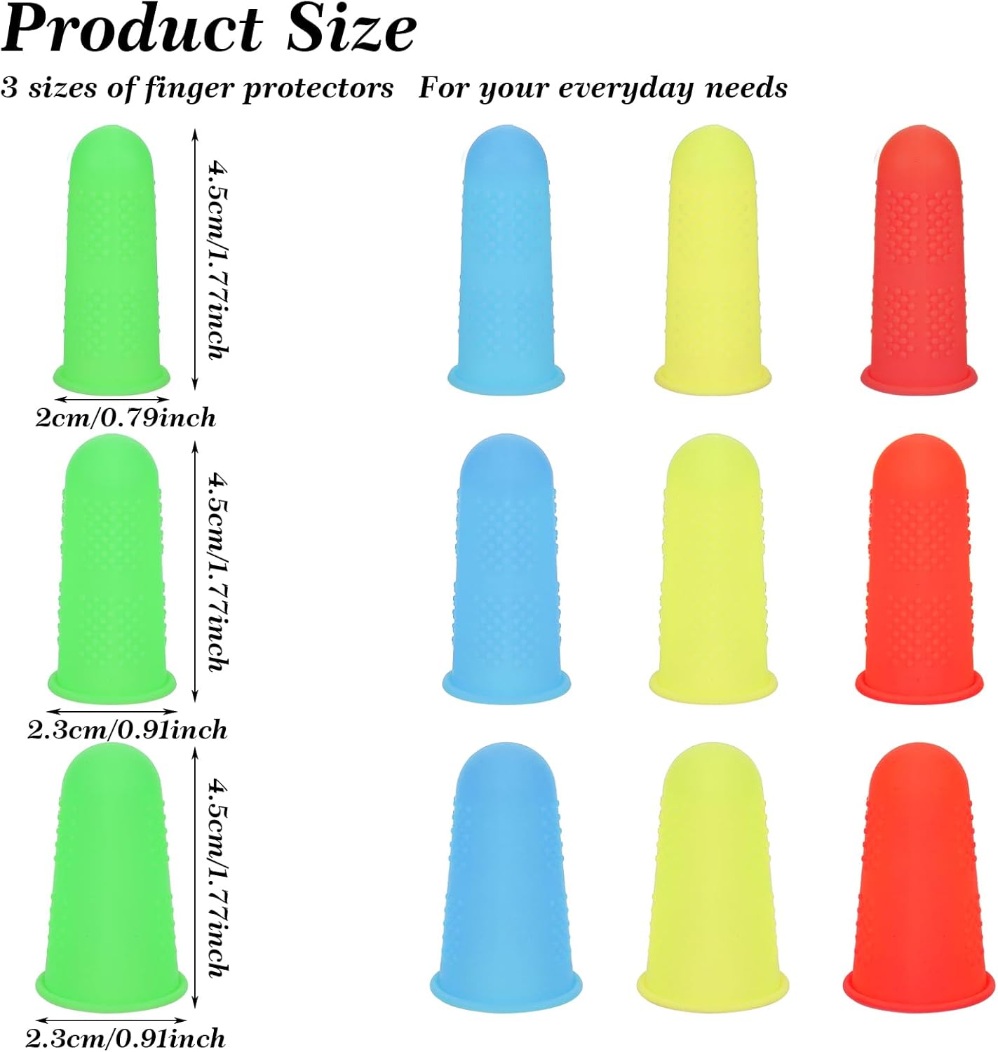 12 PCS Silicone Finger Protectors Covers, 3 Sizes Rubber Finger Tips Office Thumb Guard Sleeves Fingers Thimbles Cots for Hand Sewing Hot Glue Embroidery Cutting Ironing (Yellow Red Blue Green)