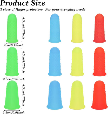 12 PCS Silicone Finger Protectors Covers, 3 Sizes Rubber Finger Tips Office Thumb Guard Sleeves Fingers Thimbles Cots for Hand Sewing Hot Glue Embroidery Cutting Ironing (Yellow Red Blue Green)