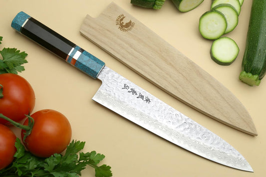 Yoshihiro VG-10 46 Layers Hammered Damascus Petty Utility Japanese Chef Knife Octagonal Turquoise Blue Handle (6'' (150mm))